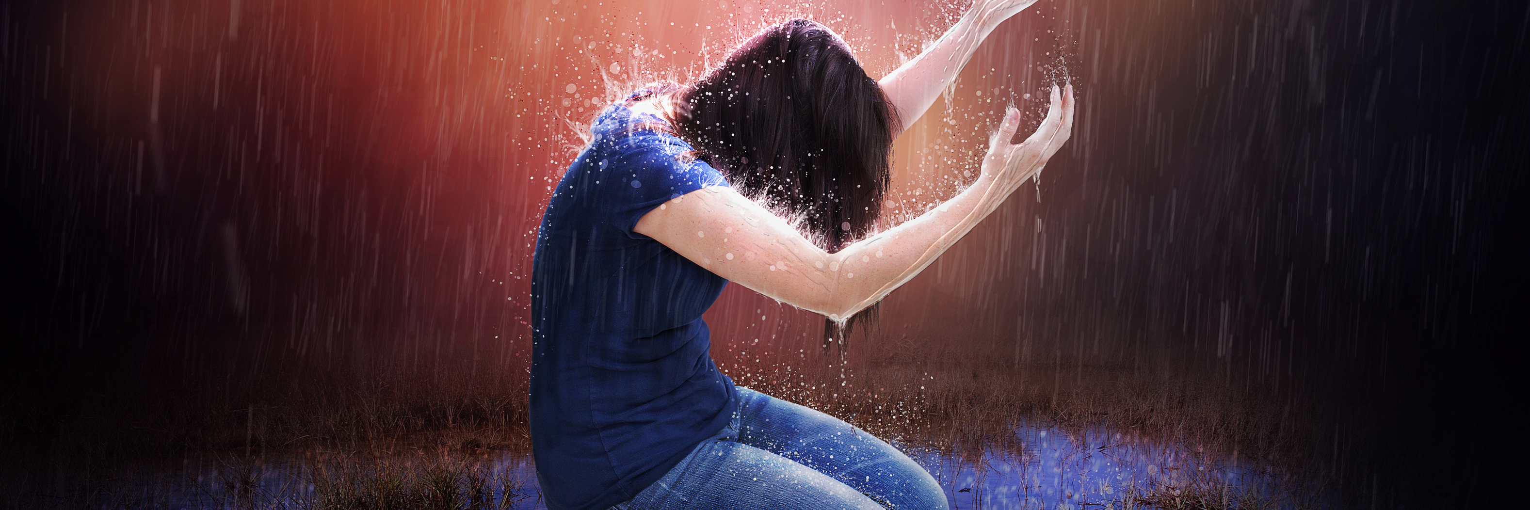 The Long Journey to Schizoaffective Disorder Diagnosis illustration of woman kneeling on ground with arms raised during rain storm