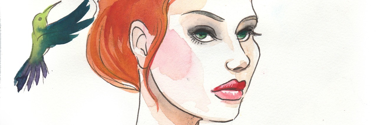 POTS: The Hummingbird Caged Within My Heart Watercolor painting of a beautiful woman face and flying hummingbirds
