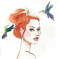 Watercolor painting of a beautiful woman face and flying hummingbirds