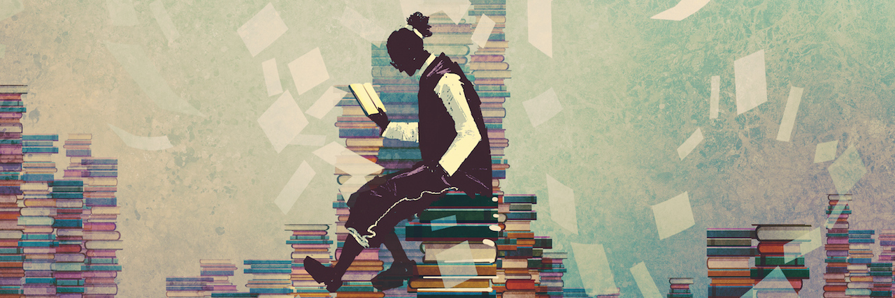 Can We Solve the College Mental Health Crisis? man reading book while sitting on pile of books,knowledge concept,illustration painting