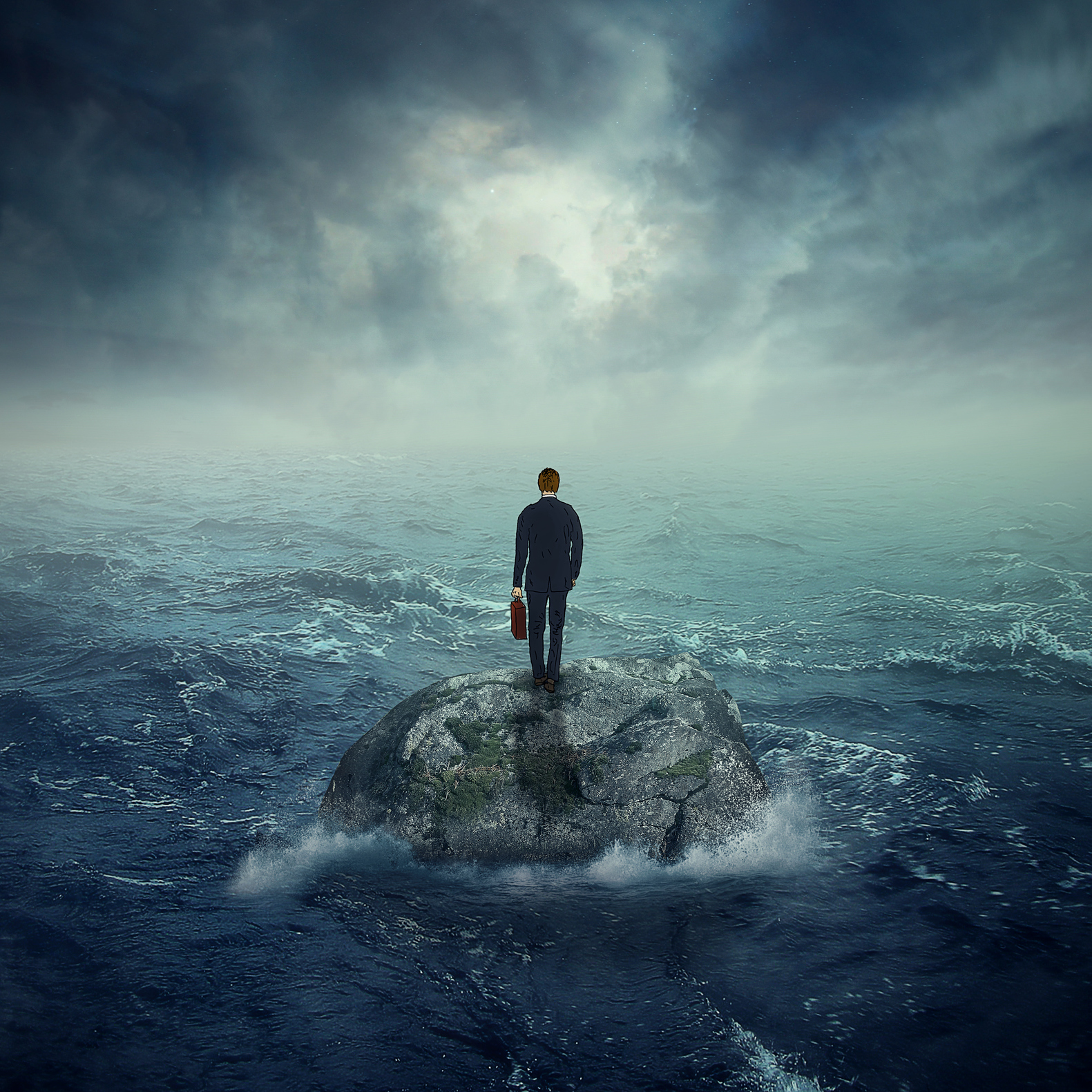 man standing on a rock in the middle of a stormy sea