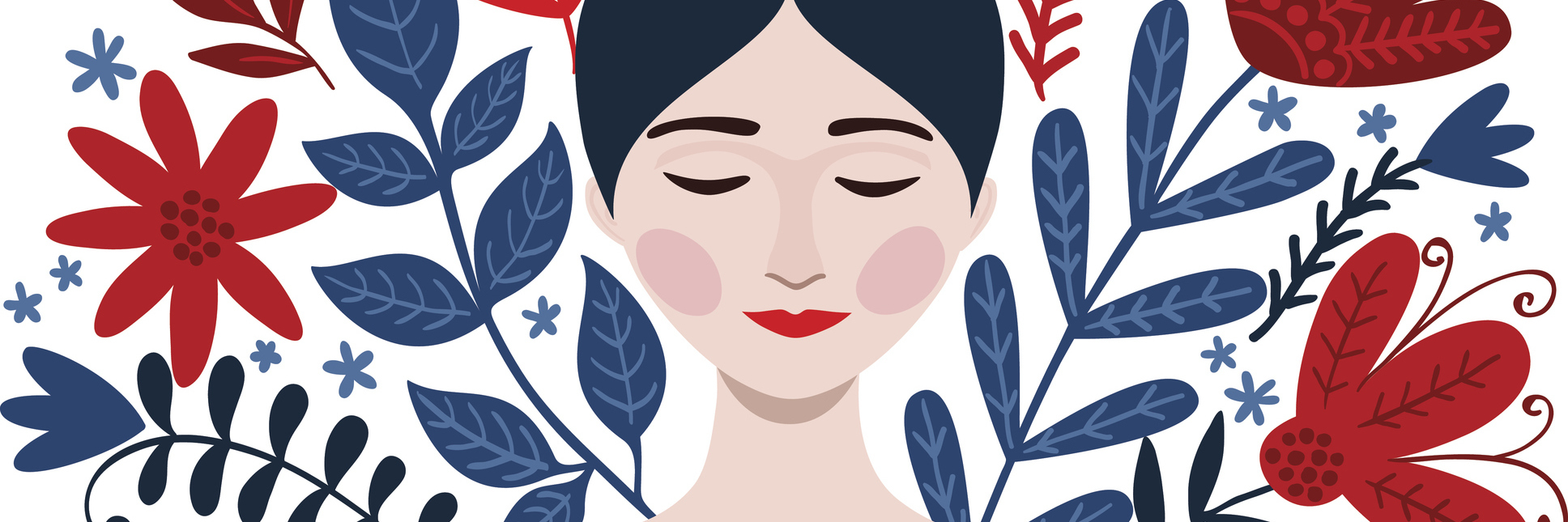 illustration of a woman with red and blue flowers around her