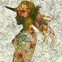 double exposure of woman with hat and colorful flowers