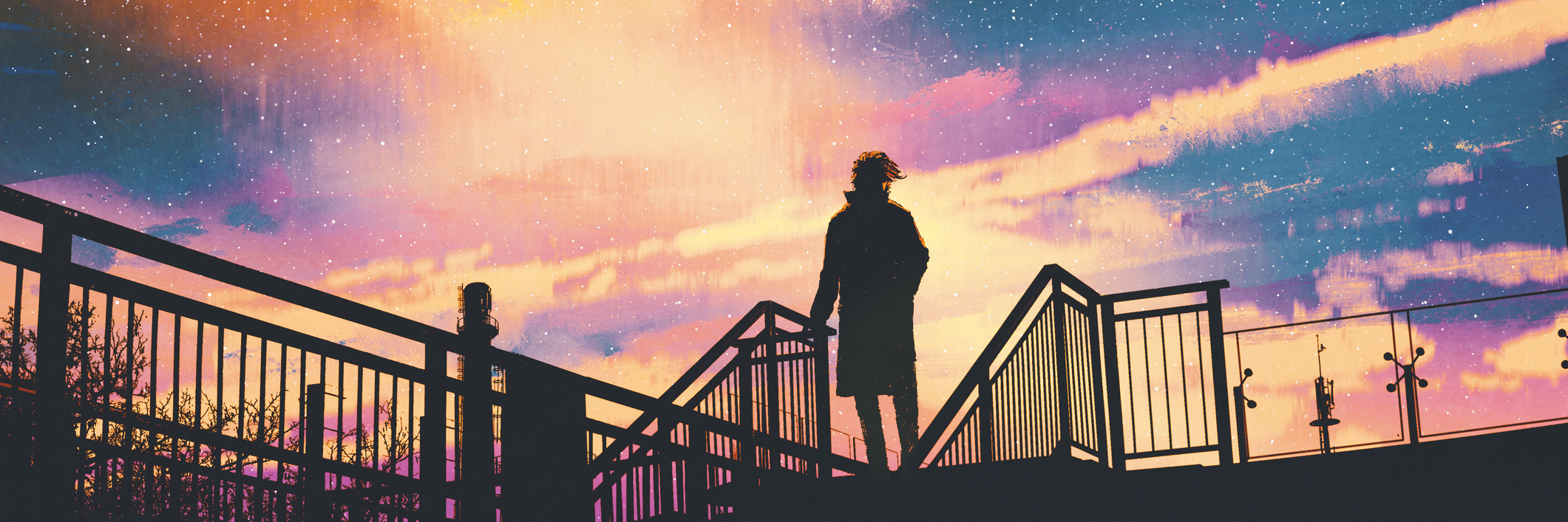 Why I Push Through Fibromyalgia, Ehlers-Danlos Syndrome Pain silhouette of man standing on footbridge against colorful sky, illustration painting