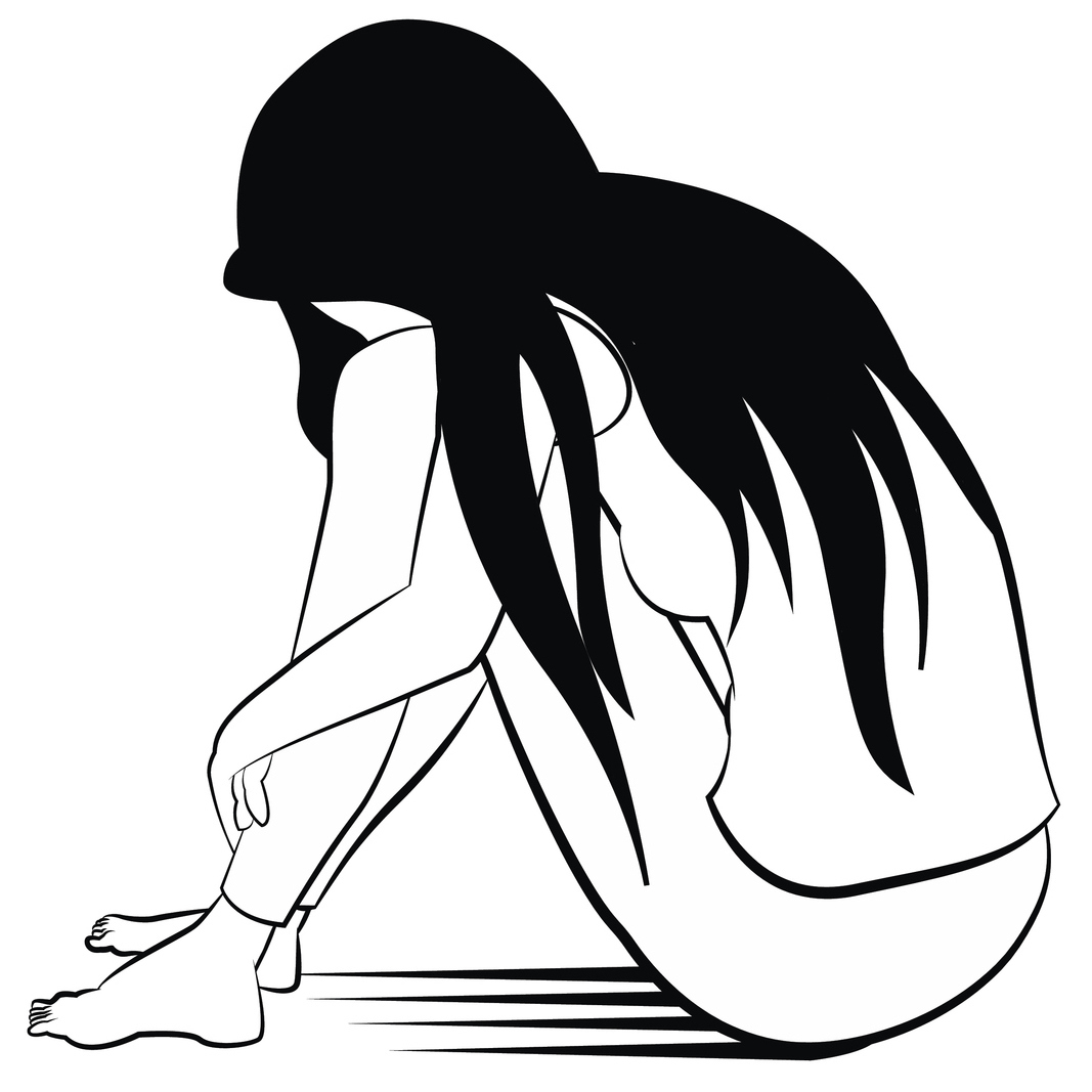 Vector illustration drawing in ink sketching style, lonely woman, sad and depression, sitting alone.