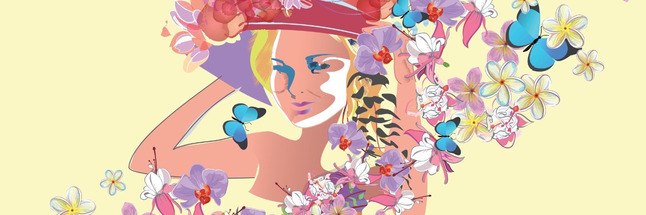 Doing Small Tasks, Not Giving Up With Chronic Illness illustration of a woman wearing a hat and surrounded by flowers