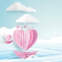 Heart shape boat in the sea and cloud sky. Love concept. Paper art and origami style.