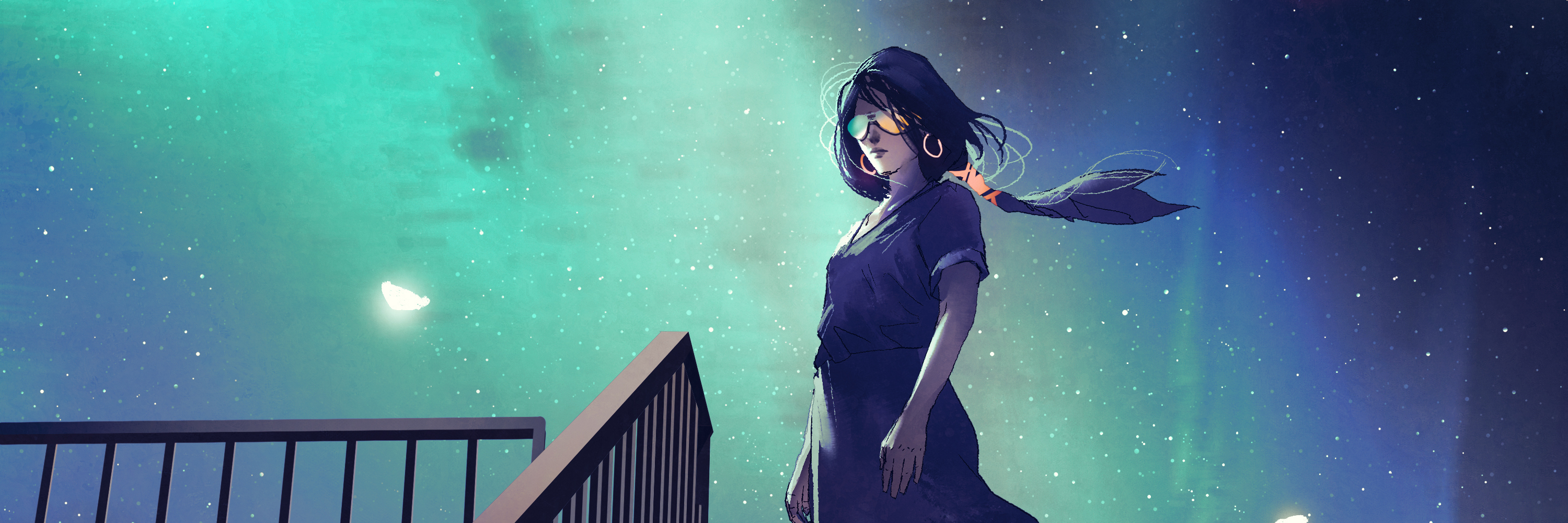 the woman in a dark blue dress standing on stairs against beautiful starry sky with digital art style, illustration painting