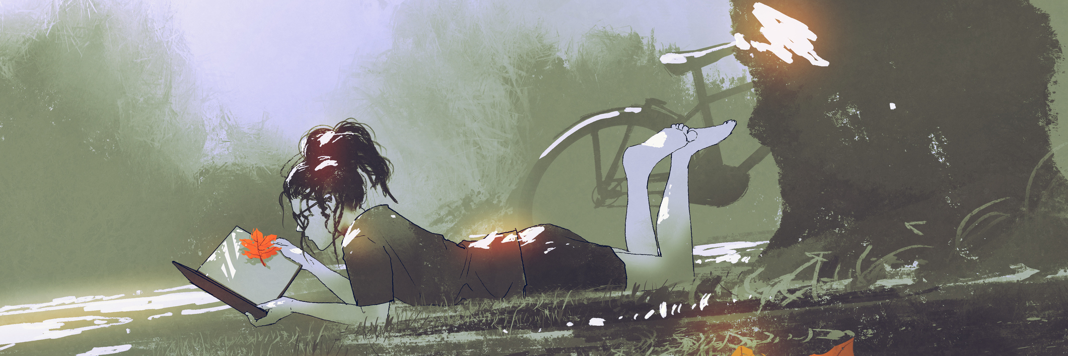 When You Need Disability Accommodations for Mental Health in College autumn is coming concept, young girl laying on grass reading a book in park with maple leaves falling, digital art style, illustration painting