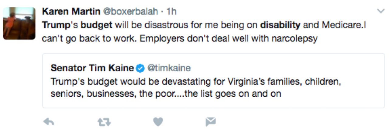Tweet which reads "Trump's budget will be disastrous for me being on disability and Medicare.I can't go back to work. Employers don't deal well with narcolepsy "