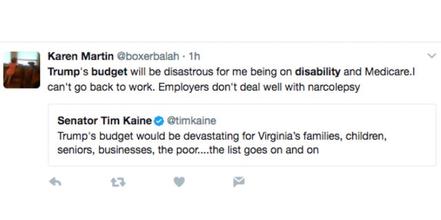 Tweet which reads "Trump's budget will be disastrous for me being on disability and Medicare.I can't go back to work. Employers don't deal well with narcolepsy "