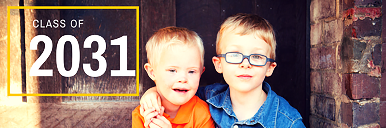 College Options for People With Down Syndrome Twin boys with blonde hair. One wears glasses and the other has Down syndrome.