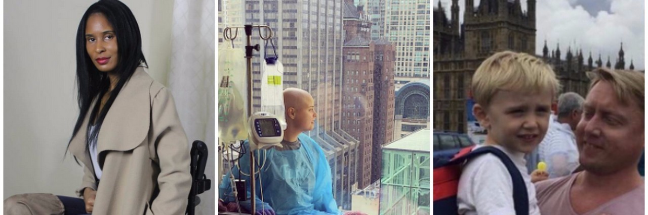 10 Chronic Illness 'Spoonie' Instagram Accounts to Follow image of woman in wheelchair, woman looking out window at hospital, and man holding young boy in london