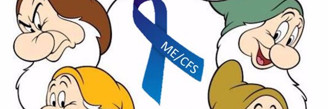 seven dwarfs around an ME/CFS awareness ribbon