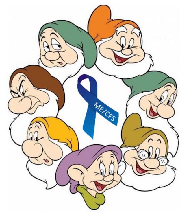 seven dwarfs around an ME/CFS awareness ribbon