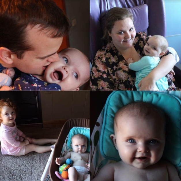 Four photos, from top left: Father kissing baby's cheek, mother holding baby, baby and older sister, and close-up of baby's face