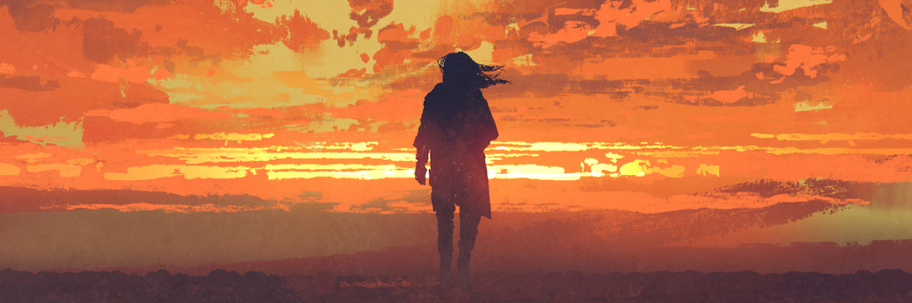 How I Deal With the Emotional Pain of Lyme Disease lonely man looking at fiery sunset sky with digital art style, illustration painting