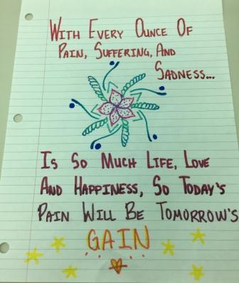 drawing of a flower with text 'With every ounce of pain, suffering, and sadness...is so much life, love, and happiness, so today's pain will be tomorrow's gain'