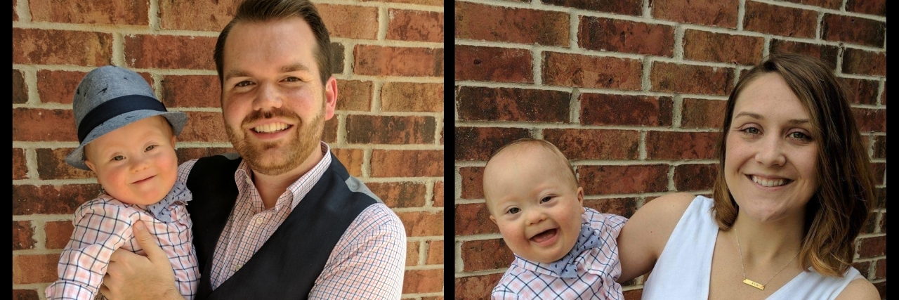 Picture collage of two photos. On the left Adam Morris holding his son, on the right, Ada's wife holding their son.
