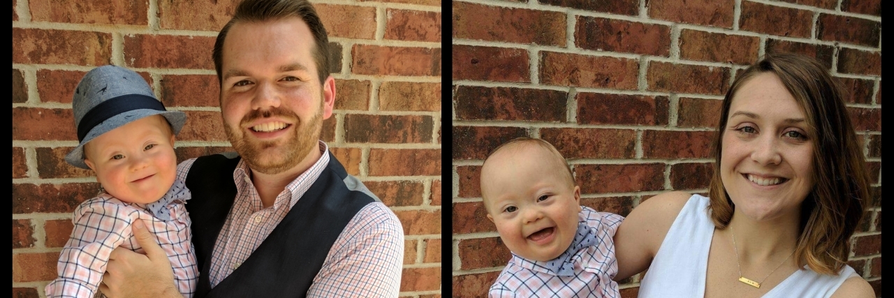 Los Hijos Con Discapacidades No Hacen a Sus Padres 'Especiales' Picture collage of two photos. On the left Adam Morris holding his son, on the right, Ada's wife holding their son.