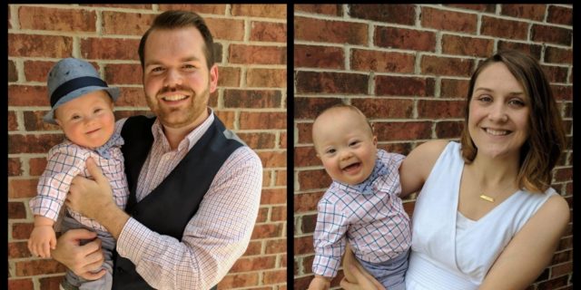 Los Hijos Con Discapacidades No Hacen a Sus Padres 'Especiales' Picture collage of two photos. On the left Adam Morris holding his son, on the right, Ada's wife holding their son.