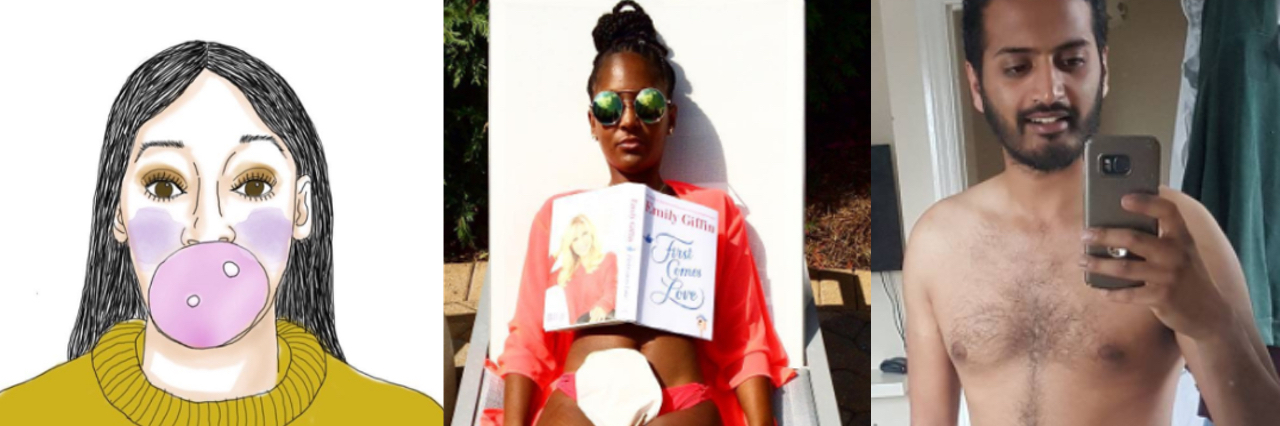 10 Body Positive Instagram Accounts to Follow this Summer Illustration of a woman chewing gum in a yellow sweater that says "highly sensitive," photo of a woman in a bathing suit reading a book, the woman has an ostomy bag, and photo of a man in his underwear taking a selfie.