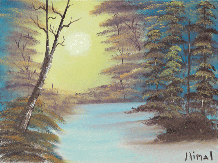Painting of a forest in winter at sunrise