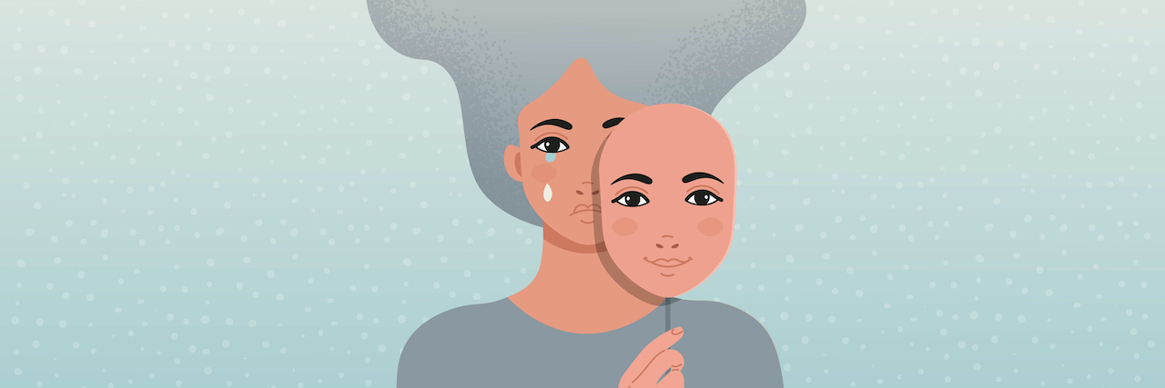 Illustration of woman with tears holding a smiling mask partially in front of her face