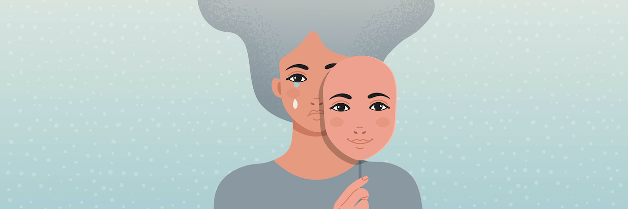 Things Only People With 'Smiling Depression' Understand Illustration of woman with tears holding a smiling mask partially in front of her face