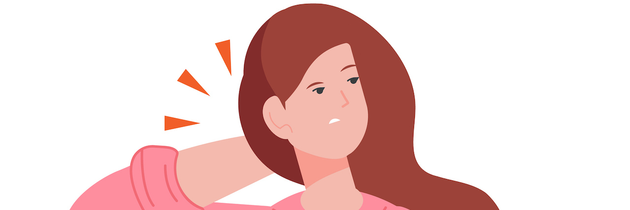 22 'Habits' of People With Ehlers-Danlos Syndrome Illustration of woman holding hand on head, looking irritated, isolated on white background