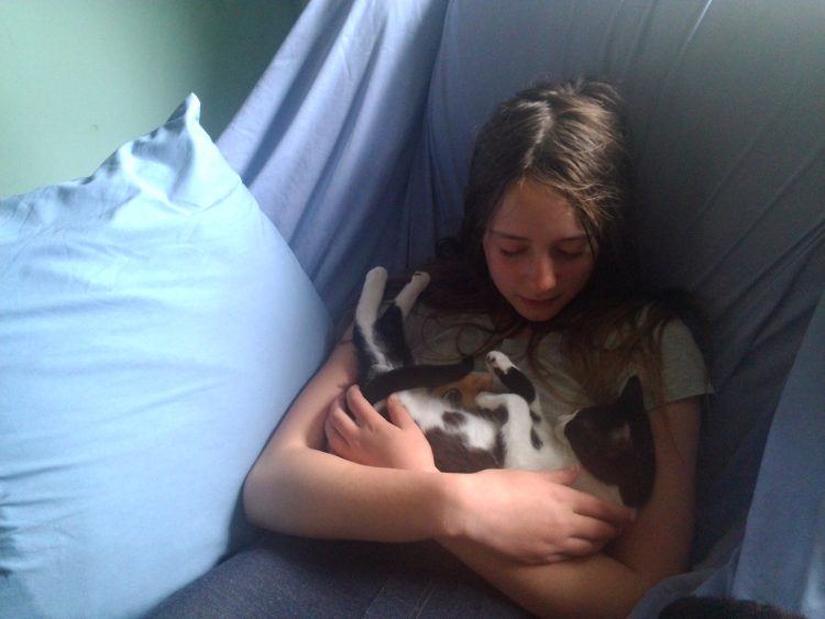 young girl holding a kitten