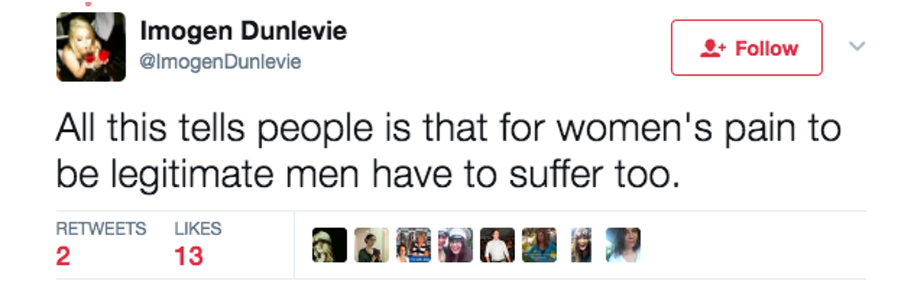 Tweet which reads "All this tells people is that for women's pain to be legitimate men have to suffer too."