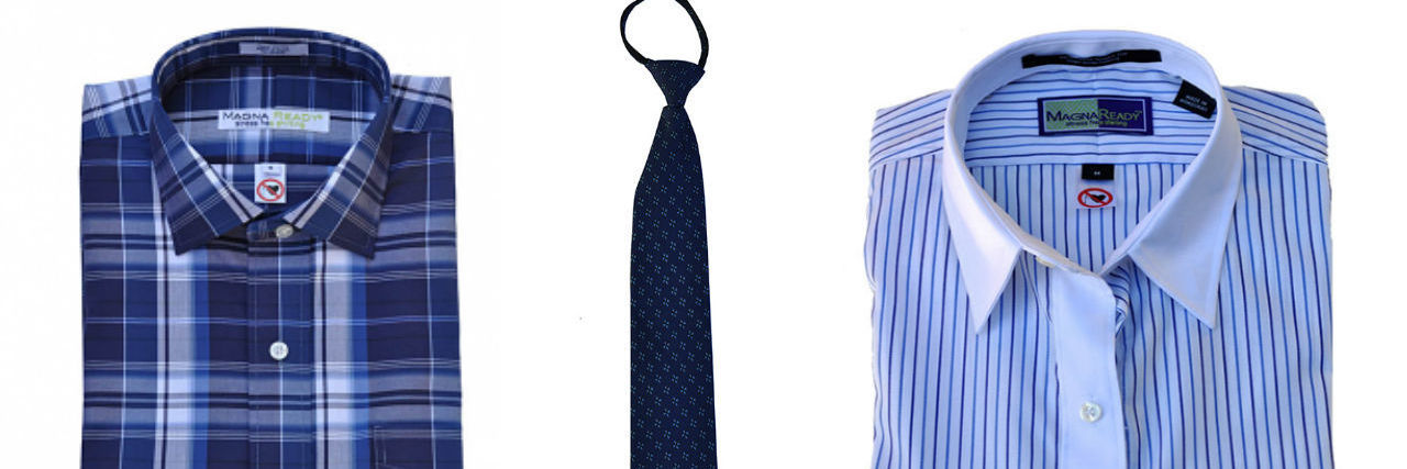 MagnaReady Magnetic Shirts Make Getting Dressed Easier Disabled People blue men's shirt, tie and blue womens shirt, all infused with magnets