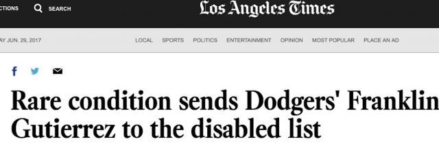 Screenshot of LA Times article with the headline [Rare condition sends Dodgers' Franklin Gutierrez to the disabled list]