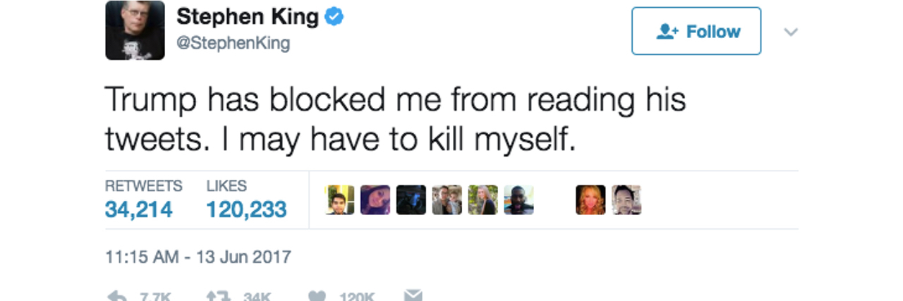 Stephen King Upsets Twitter With Trump Tweet About Suicide Image of tweet from Stephen King