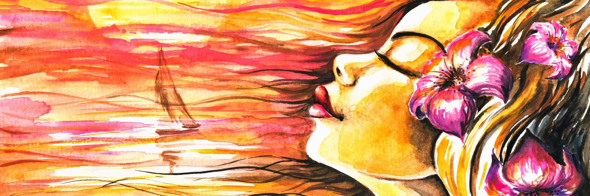 Staying Optimistic With Chronic Pain From Polycystic Ovary Syndrome watercolor picture of woman in front of ocean at sunset