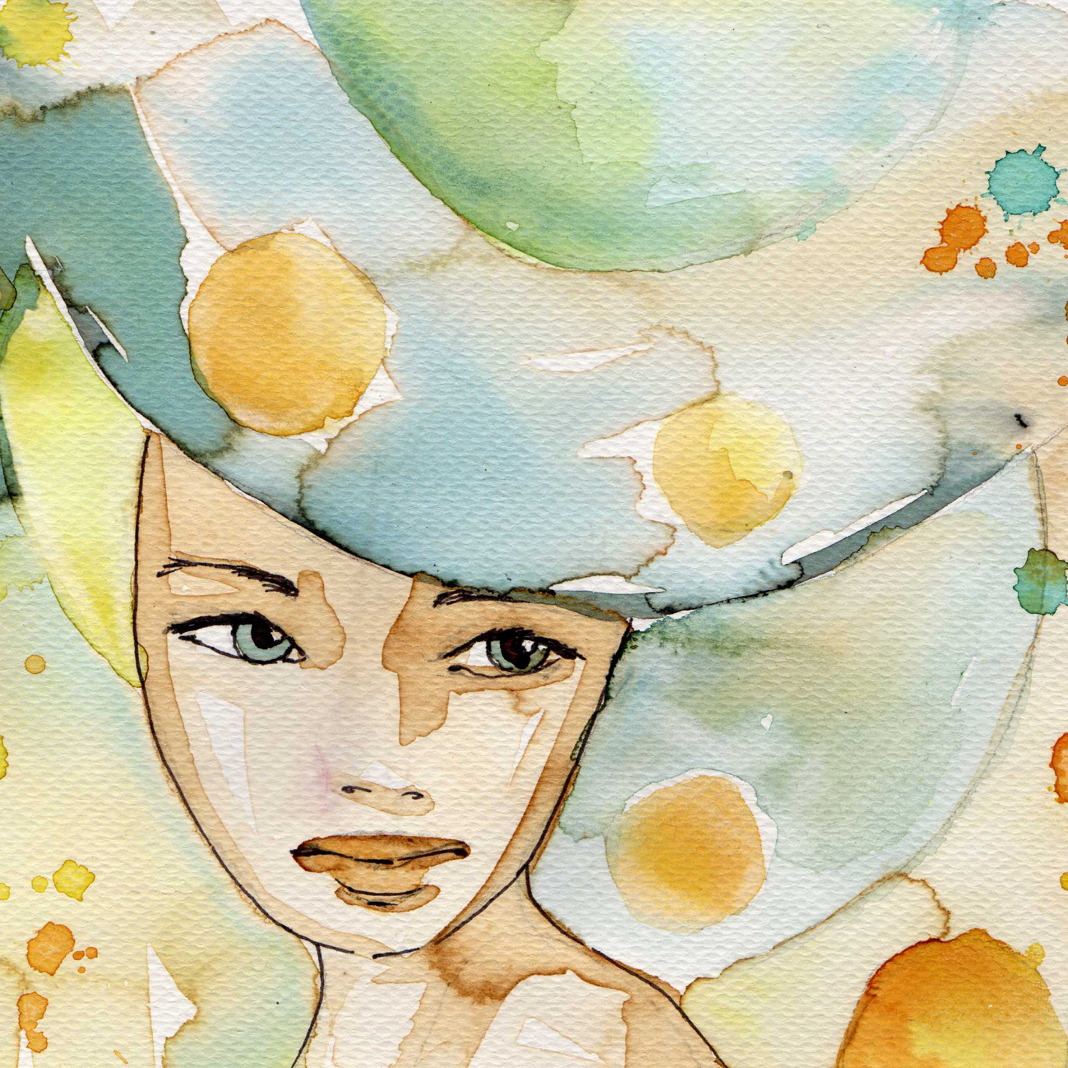 blue and gold watercolor painting of a woman