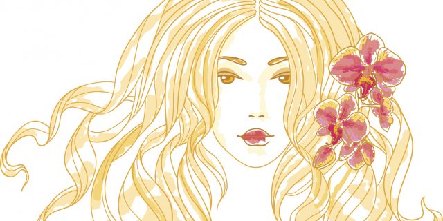 illustration of woman with long blonde hair with two flowers in it