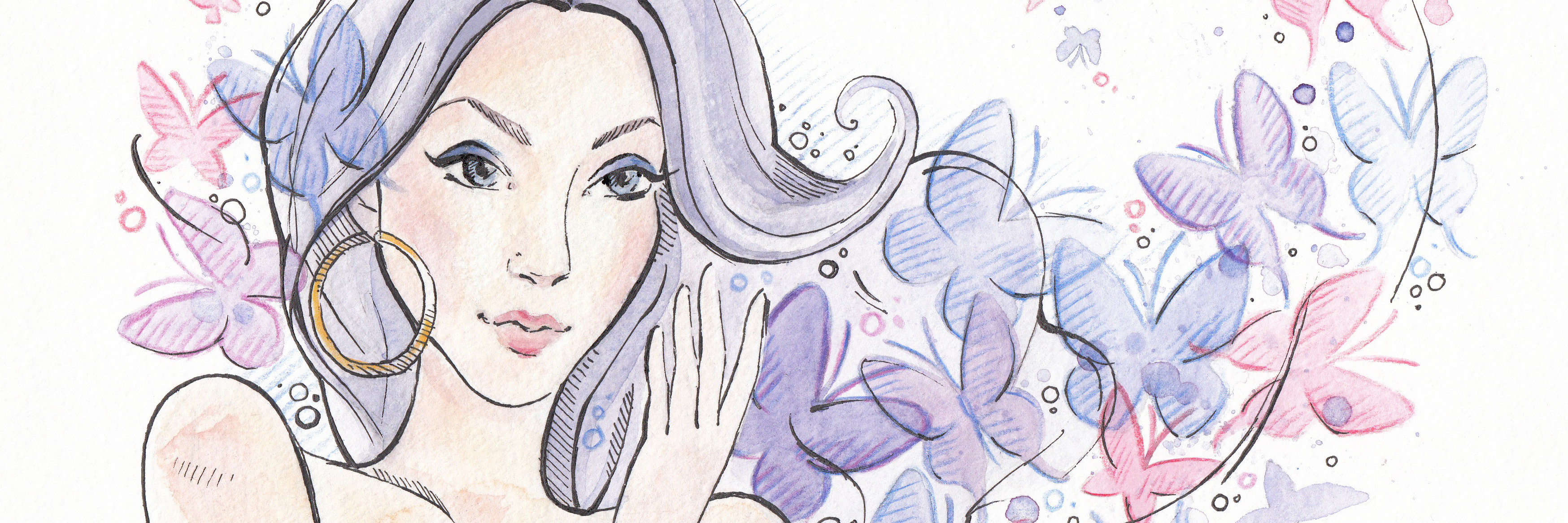 Staying Peaceful, Feeling OK When Health Goes Downhill purple and pink watercolor of woman surrounded by butterflies