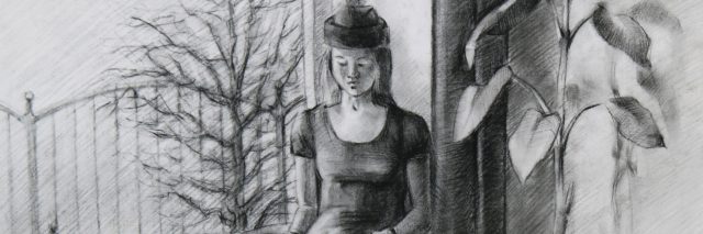 A black and white drawing of a sad young woman near a window.
