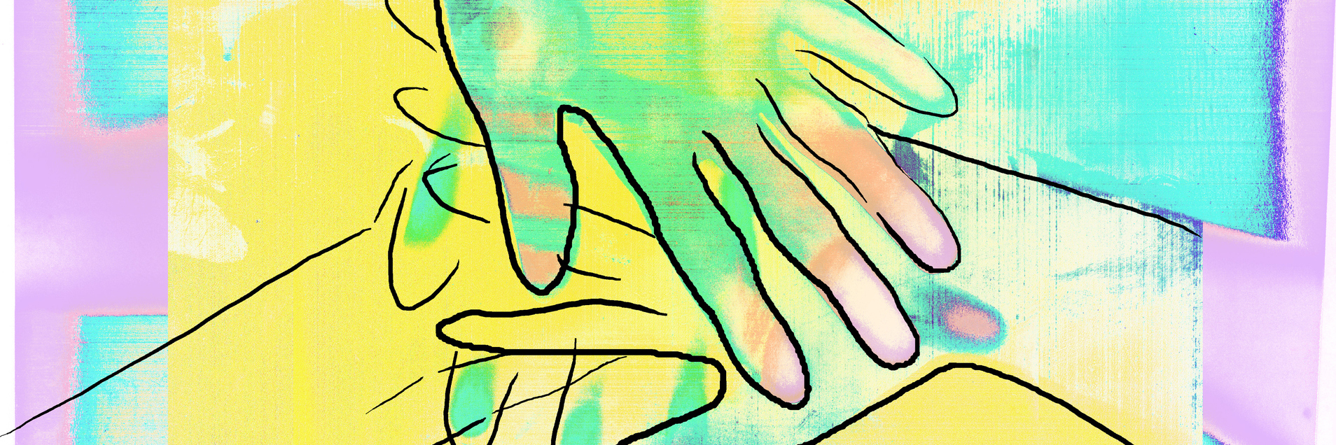 drawing of overlapping hands on colorful background