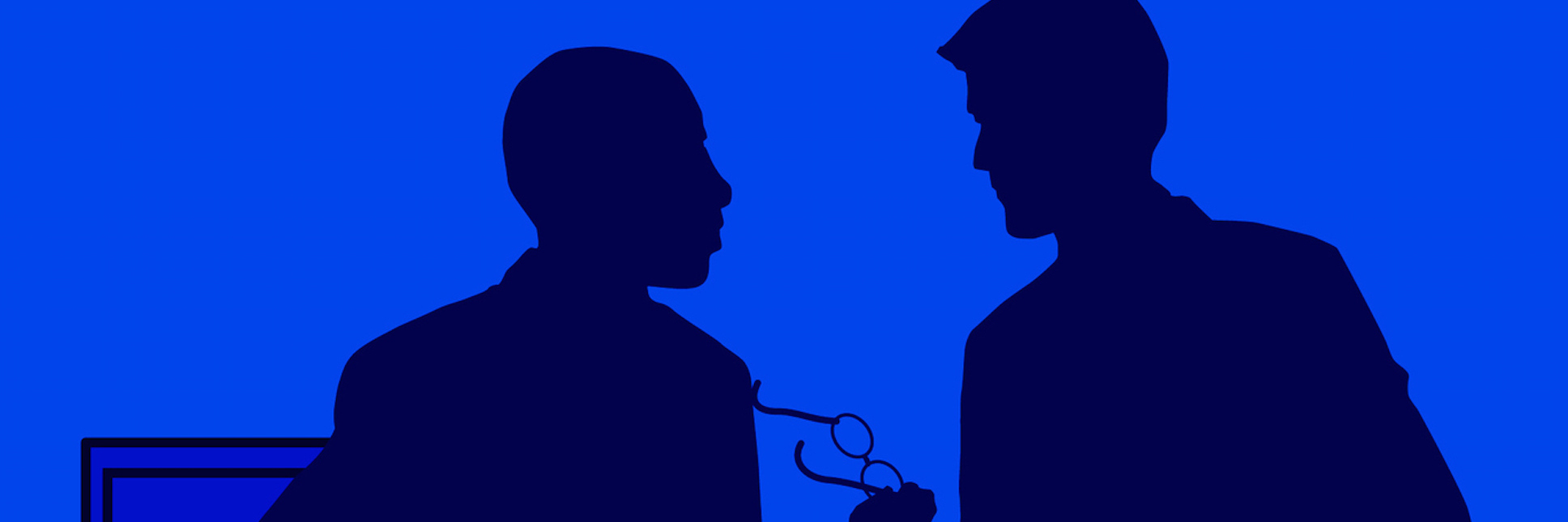 Silhouettes of two male figures talking, with one person holding a pair of glasses
