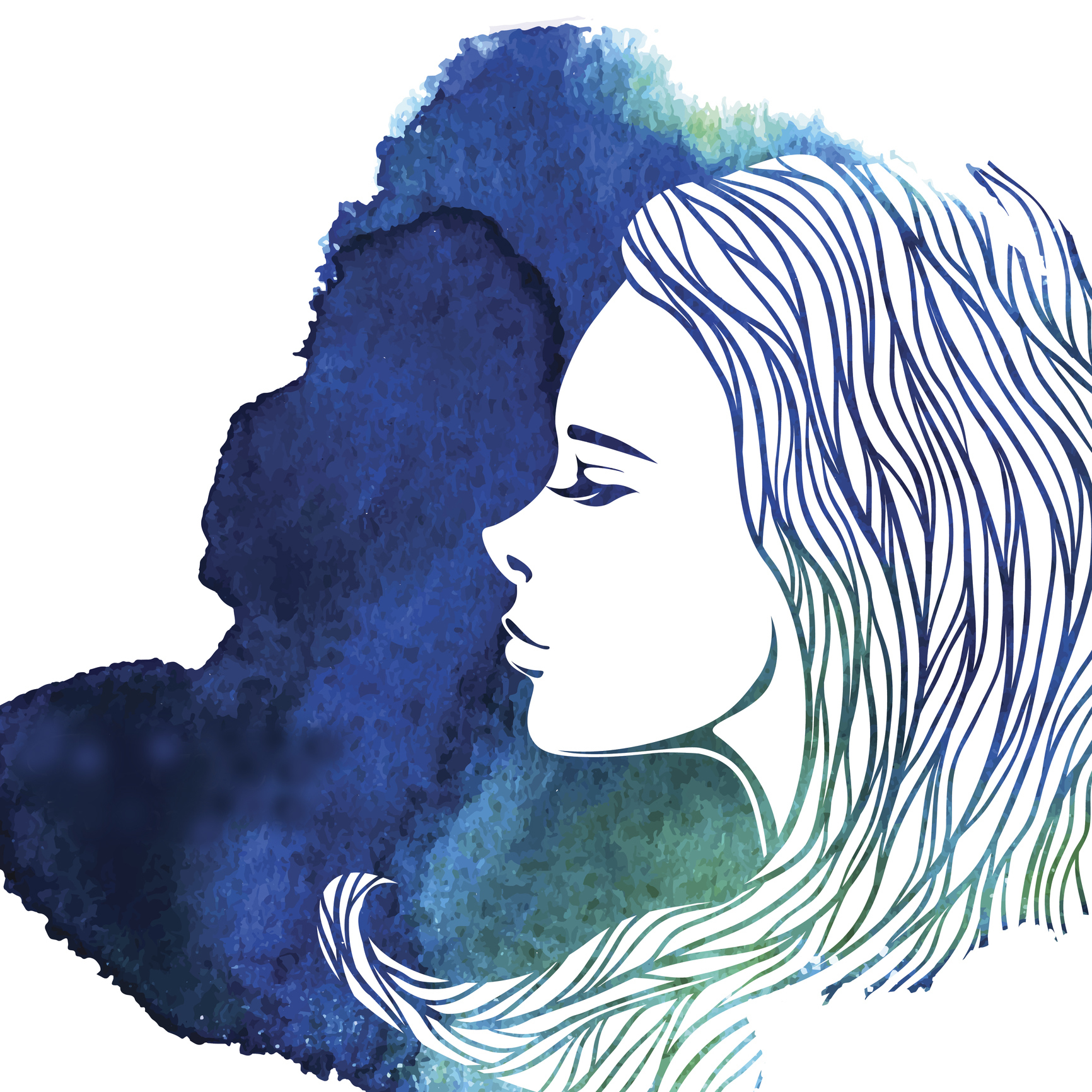 blue watercolor image of a woman