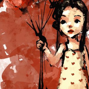 digital painting of girl with balloons hearts, watercolor on paper texture