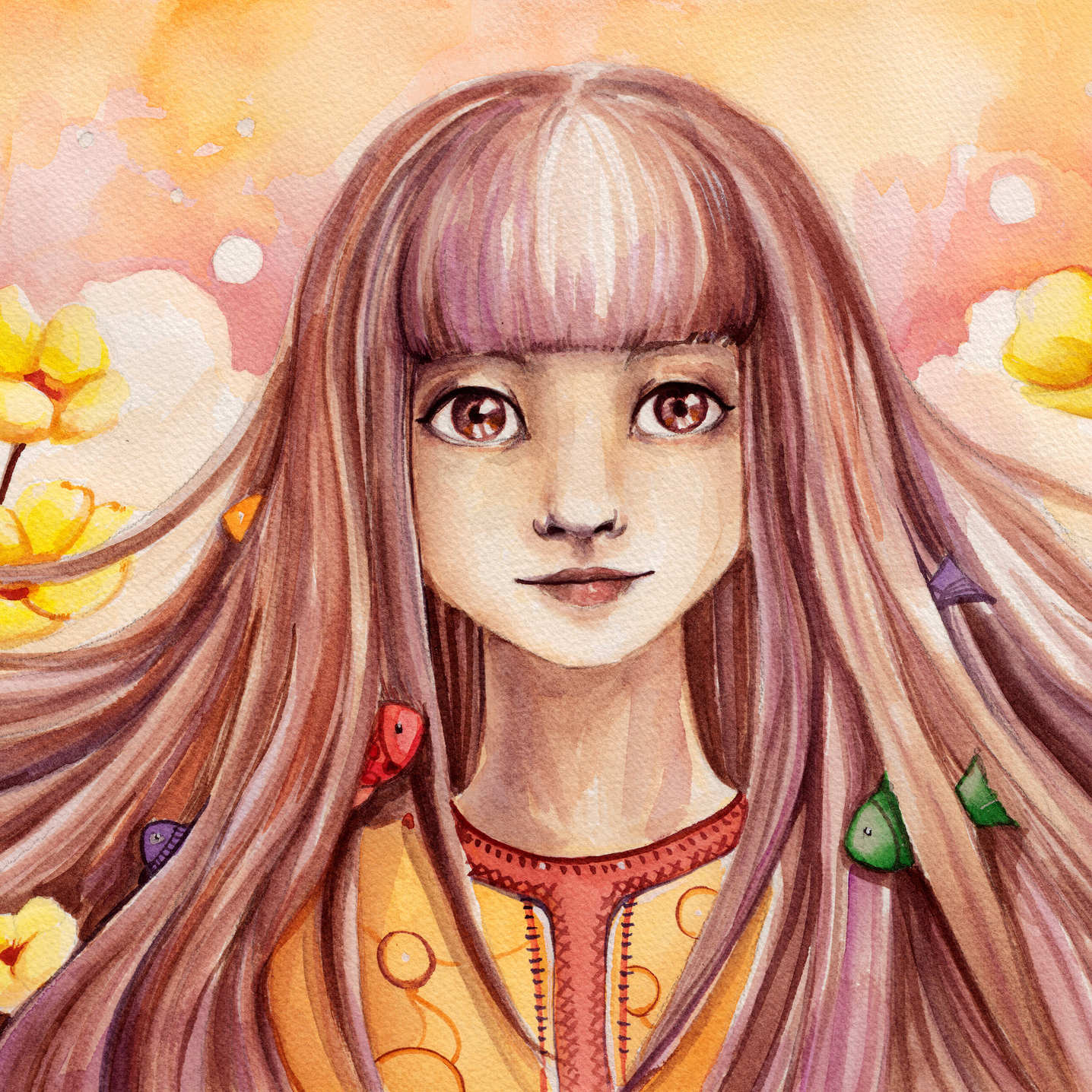drawing of a girl with long hair and surrounded by flowers