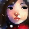 digital painting of cute girl in wintertime outdoor, oil on canvas texture