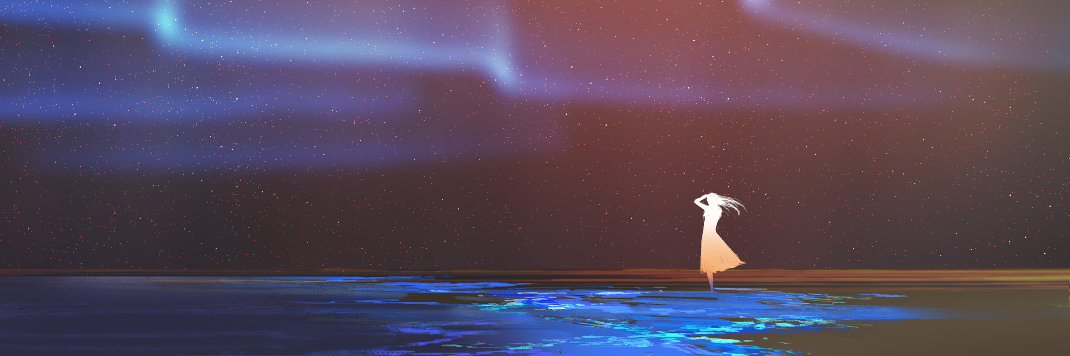 Moving Forward With Your Life After a Stroke illustration of a woman standing by the ocean under the northern lights