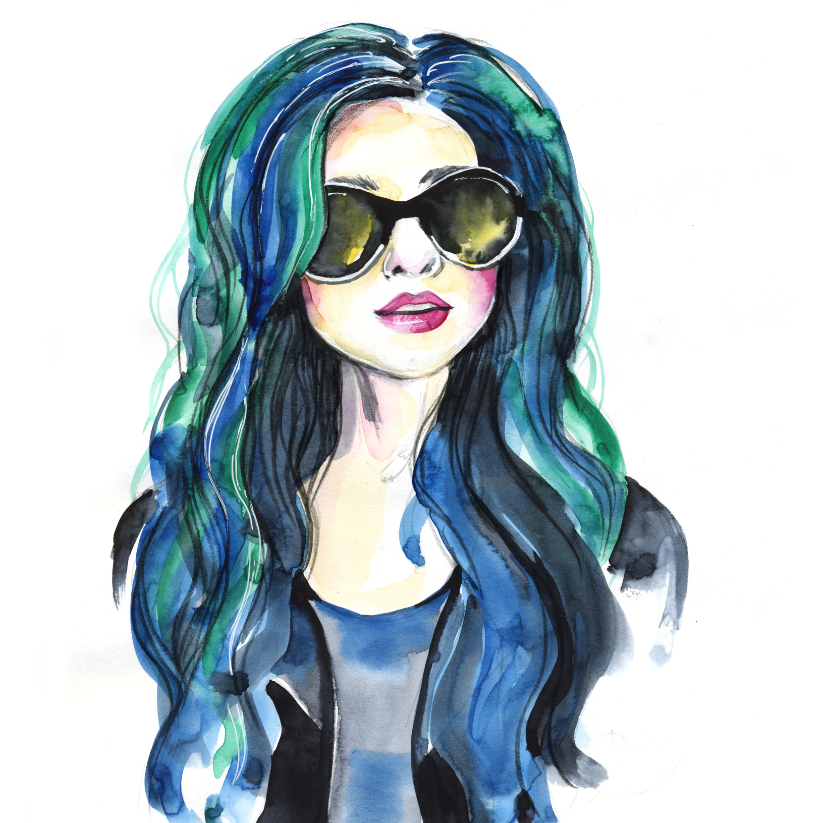 watercolor painting of woman with sunglasses