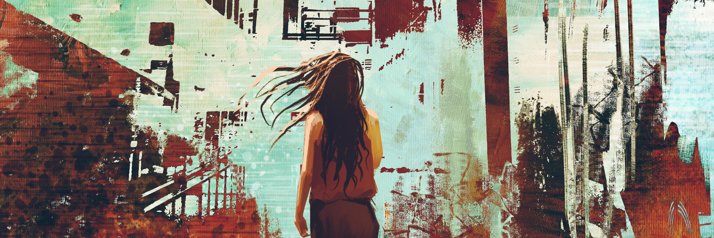 woman standing against abstract achitecture with grunge texture,illustration art