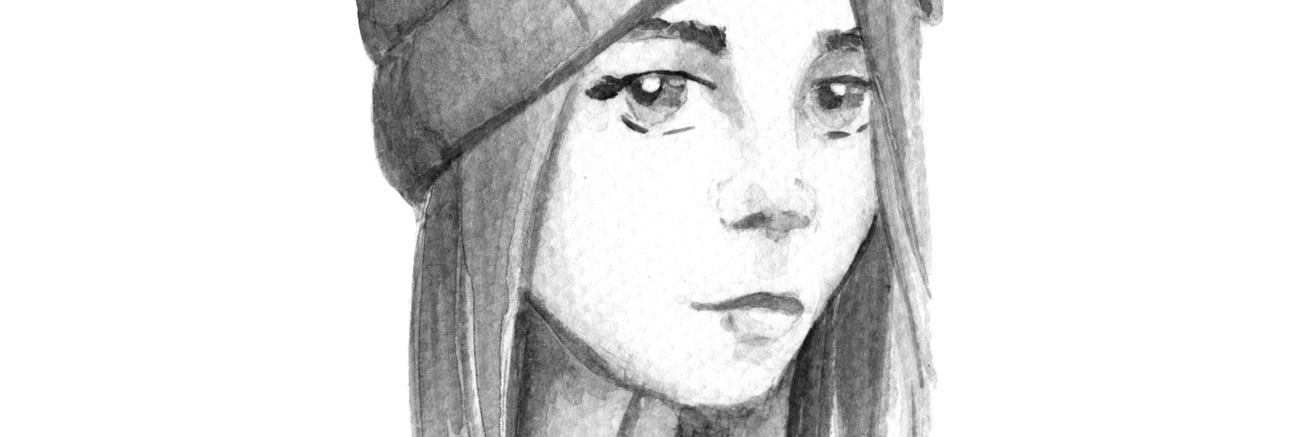black and white painting of a girl in a hat looking sad